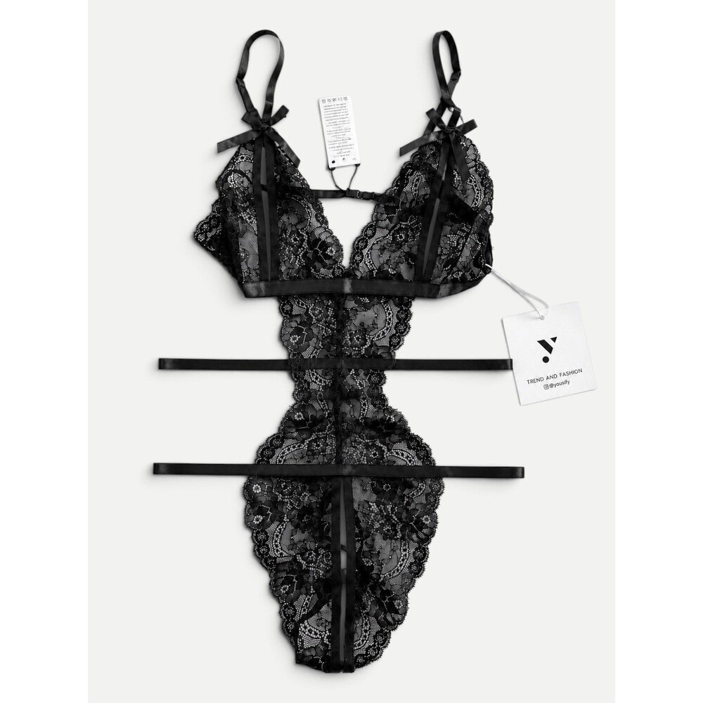 Yousify Black Floral Lace Strappy Bodysuit Teddy Lingerie Size M NWT